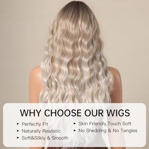 Allbell Long Platinum Blonde Wavy Wigs for Women Synthetic Curly Middle Part Wig with Side Bangs Natural Looking Heat Resistant Fibre for Daily Party Use - Image 4
