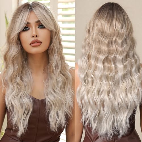 Allbell Long Platinum Blonde Wavy Wigs for Women Synthetic Curly Middle Part Wig with Side Bangs Natural Looking Heat Resistant Fibre for Daily Party Use