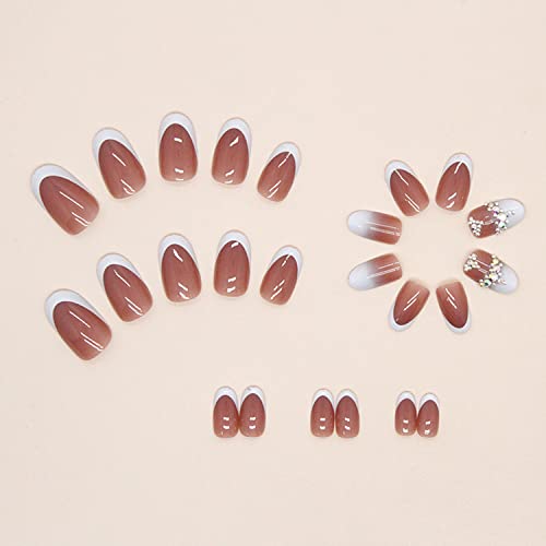 Almond Press on Nails Medium Fake Nails Acrylic Press on Nails Cute Fake Nails for Women Girls (white french tip rhinestone) - Image 4