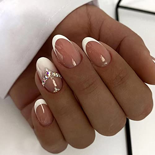 Almond Press on Nails Medium Fake Nails Acrylic Press on Nails Cute Fake Nails for Women Girls (white french tip rhinestone)