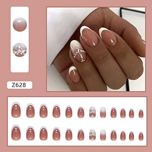 Almond Press on Nails Medium Fake Nails Acrylic Press on Nails Cute Fake Nails for Women Girls (white french tip rhinestone) - Image 2