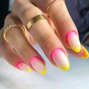 Almond Press on Nails Medium Fake Nails,Yellow Glossy Glue on Nails Full Cover False Nails with Almond Designs Pink Acrylic Nails for Women Girls