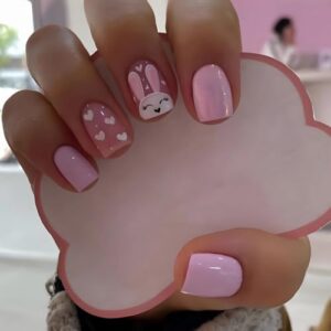 Babalal Easter Short Square Press on Nails 24Pcs with Cute Rabbit Heart Design