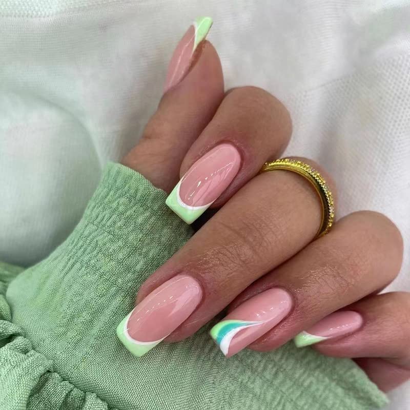 BABALAL Green St Patricks Day Press on Nails Medium Square Fake Nails French Tip Glue on Nails 24Pcs Swirl Acrylic Nails Squoval Nails for Women and Girls