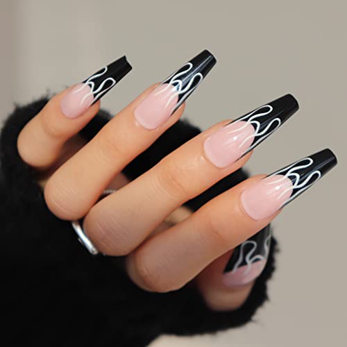 BABALAL Long Press on Nails Coffin Fake Nails Black French Tip Glue on Nails Glossy Acrylic Nails Falme Design Ballerina False Nails for Women and Girls - Image 2
