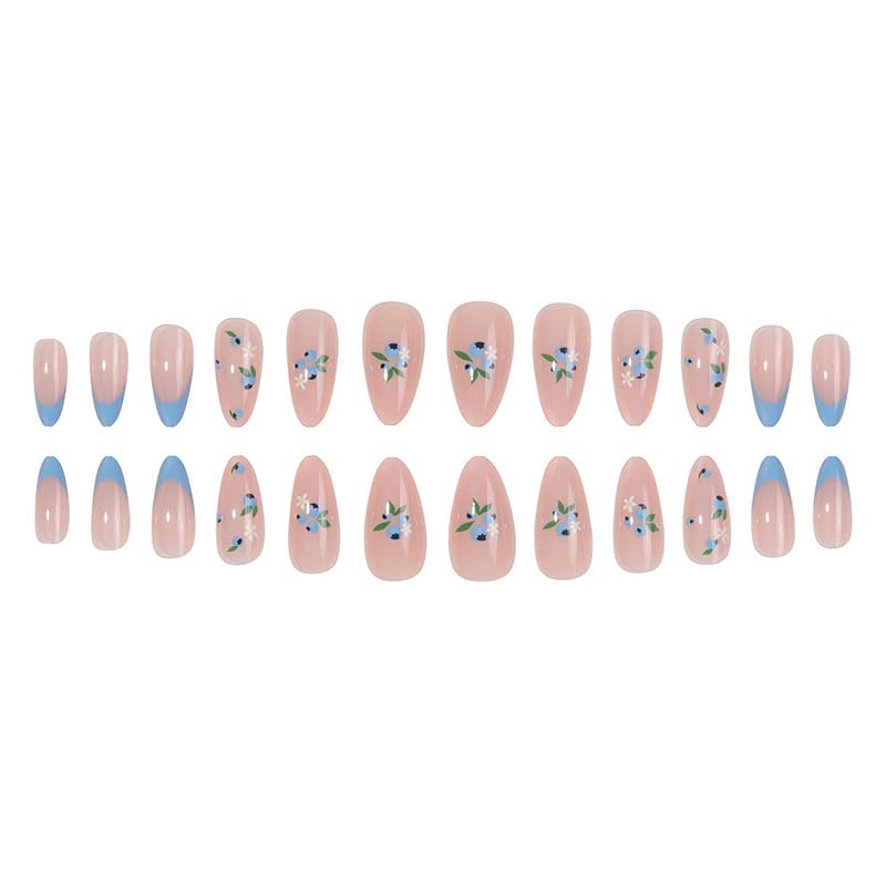 Baby Blue Tips French Almond Press on Nails with Cute Flowers Design, Long Almond Fake Nails Art, Glossy Nude Fake Nails Kit, 24 pieces EALGA-LA031 - Image 4