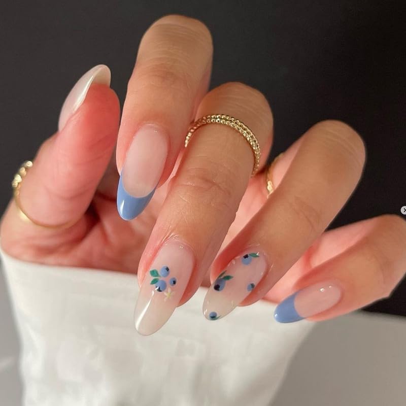Baby Blue Tips French Almond Press on Nails with Cute Flowers Design, Long Almond Fake Nails Art, Glossy Nude Fake Nails Kit, 24 pieces EALGA-LA031