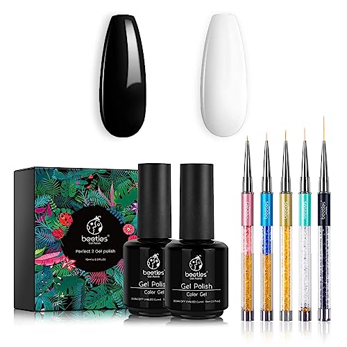 Beetles Gel Polish Kit-2 Pcs 15ml Black White Colors Polish Set & Nail Art Liner Brushes 5Pcs Painting Art Design Pen Set Diamond Application Rhinestone Handle Dotting Drawing Sizes 5 7 9 11 20mm