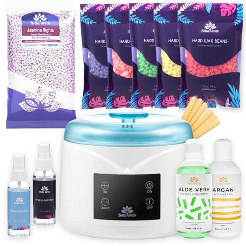 Bella Verde Waxing Kit - Home Wax Kit for Women and Men - Wax Warmer with LED display - 6 Packs of Wax Beads - Wax Pot - 2 Pre & Post Wax Spray 20 Wood Sticks - Hard Wax Beans for Brazilian Body Legs