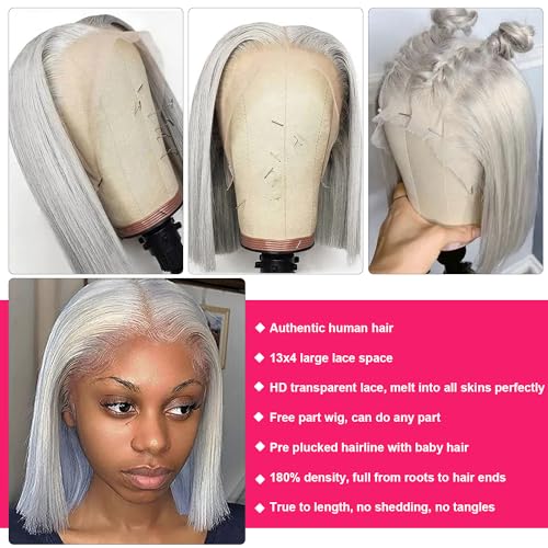 Benafee Bob Wig Human Hair 13x4 Lace Front Wigs Human Hair Pre Plucked with Baby Hair Grey Short Human Hair Bob Wig Glueless 180% Density Straight HD Transparent Lace Frontal Bob Wig Human Hair 8 Inch - Image 2