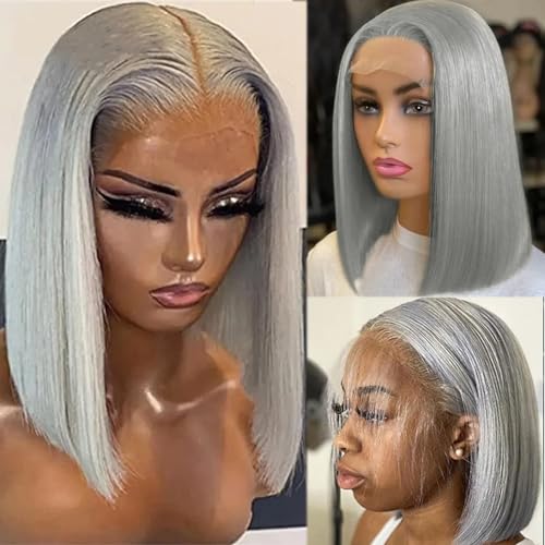 Benafee Bob Wig Human Hair 13x4 Lace Front Wigs Human Hair Pre Plucked with Baby Hair Grey Short Human Hair Bob Wig Glueless 180% Density Straight HD Transparent Lace Frontal Bob Wig Human Hair 8 Inch - Image 4