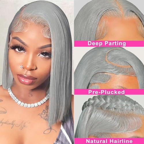 Benafee Bob Wig Human Hair 13x4 Lace Front Wigs Human Hair Pre Plucked with Baby Hair Grey Short Human Hair Bob Wig Glueless 180% Density Straight HD Transparent Lace Frontal Bob Wig Human Hair 8 Inch - Image 3
