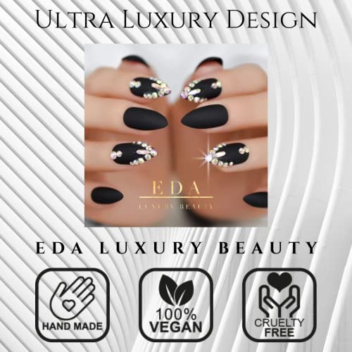 Black Matte 3D Luxe Crystal Design Press On Nails Full Cover Acrylic Nail Kit Glue On Gothic False Nails Extra Long Round Almond Stiletto Nail Art Tips Fashion Fake Nails Set - Image 2