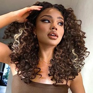 BlackSwern Brown Glueless Curly Lace Front Wigs Pre Plucked, Lace Front Wigs Curly Hair Synthetic Lace Front Wig, Big Curly Wigs for Black Women Color : Chocolate Brown