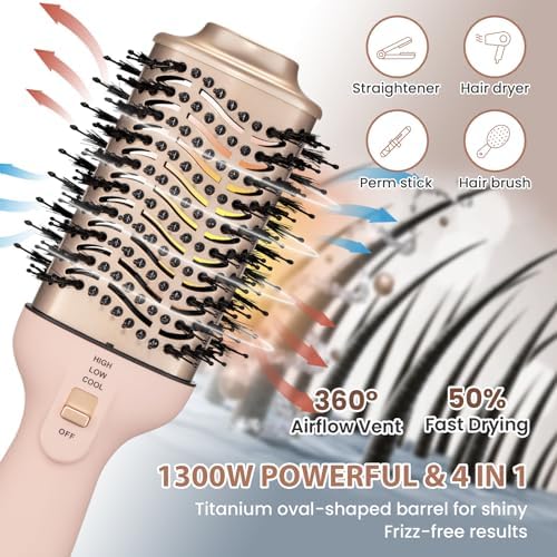Blow Dryer Brush, YZHMSZKJ Hair Dryer Brush 4 in 1, 75MM Hot Air Brush in One with Negative Ion Anti-frizz Ceramic Titanium Barrel for Smooth, Frizz-Free Results for All Hair Types, 1300W, Pink - Image 3