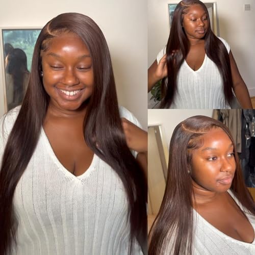 BLY 13x6 Glueless HD Lace Front Wigs Pre Plucked Invisible Bleached Knots, 4 Dark Chocolate Brown Colored Straight Human Hair Wigs for Women 180% Density 18 Inch