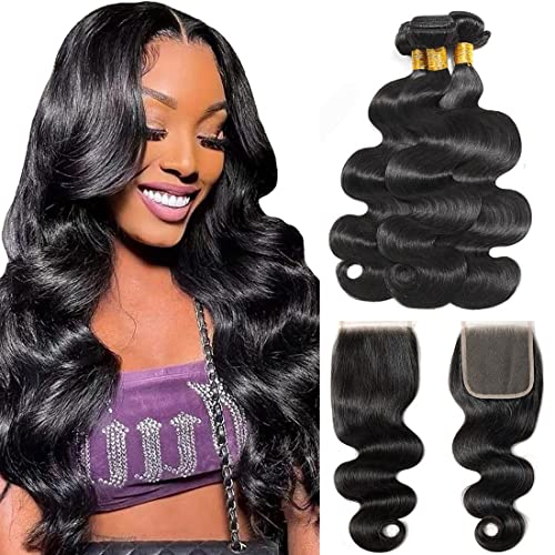 Body Wave Bundles with Closure Human Hair Closure and Bundles (14 16 18+12, Free Part) 10A Brazilian Raw Human Hair Weave Bundles with Closure Brazilian Virgin Hair Body Wave Bundles Closure
