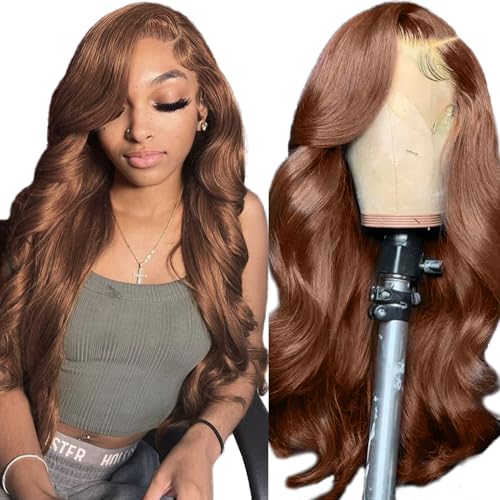 Brown human hair wig in chocolate shade.