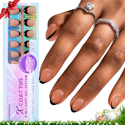 btartboxnails XCOATTIPS French Gel Nails - Black French Tip Press on Nails, Soft Gel Extra Short Almond Nail Tips, Press on Nails Acrylic Nail, Soak Off Fake Nails Extension