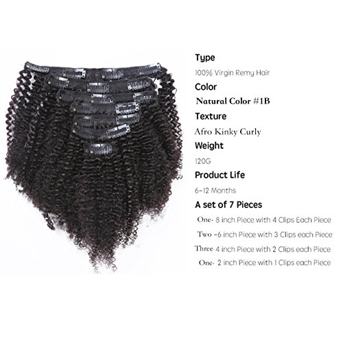 Caliee Afro Kinky Curly Clip in Hair Extension Human Hair Double Weft Brazilian Unprocessed Remy Natural Black Hair, 12 Inch, 120Gram - Image 2