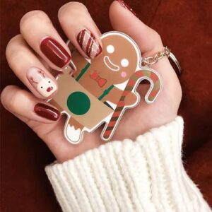 Christmas Press on Nails Short Square Fake Nails Cute Elk Design Glue on Nails Stripe Line Full Cover Coffin False Nails Glossy Wine Red Winter Xmas Acrylic Nails for Women Manicure Decorations 24pcs
