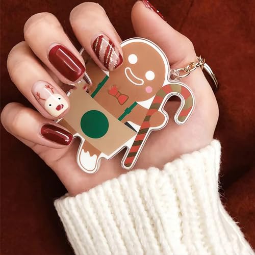 Christmas Press on Nails Short Square Fake Nails Cute Elk Design Glue on Nails Stripe Line Full Cover Coffin False Nails Glossy Wine Red Winter Xmas Acrylic Nails for Women Manicure Decorations 24pcs