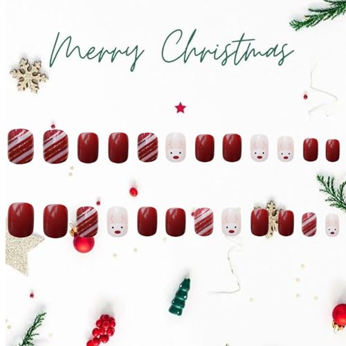 Christmas Press on Nails Short Square Fake Nails Cute Elk Design Glue on Nails Stripe Line Full Cover Coffin False Nails Glossy Wine Red Winter Xmas Acrylic Nails for Women Manicure Decorations 24pcs - Image 3