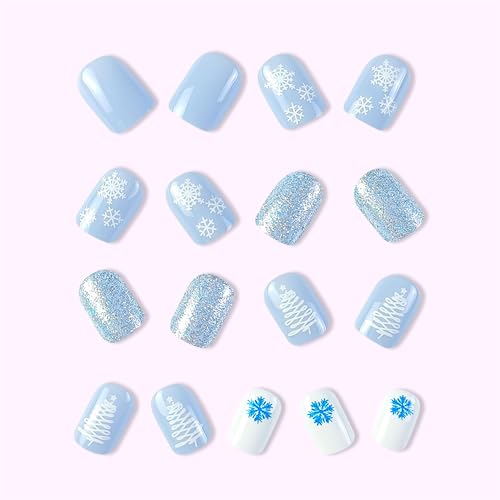 Christmas Press on Nails Short Square Winter Fake Nails Blue Full Cover White Snow Xmas Tree False Nails with Designs Glitter Glossy Glue on Nails Manicure Artificial Nails for Women Girls 24Pcs - Image 2