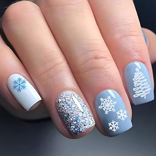 Christmas Press on Nails Short Square Winter Fake Nails Blue Full Cover White Snow Xmas Tree False Nails with Designs Glitter Glossy Glue on Nails Manicure Artificial Nails for Women Girls 24Pcs