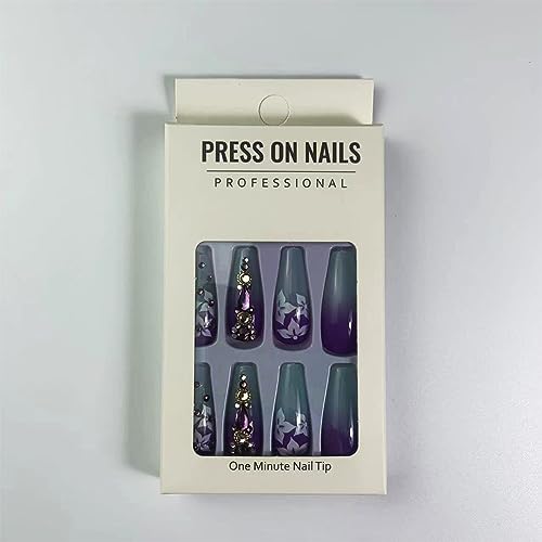 Coffin Press on Nails Long Fake Nails Ombre Purple False Nails with White Flower Printing&Rhinestone luxury Designs French Tip Nails Acrylic Artificial Nails Stick on Nails For Women Girls 24Pcs - Image 6