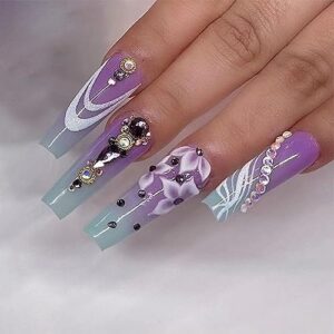 Coffin Press on Nails Long Fake Nails Ombre Purple False Nails with White Flower Printing&Rhinestone luxury Designs French Tip Nails Acrylic Artificial Nails Stick on Nails For Women Girls 24Pcs