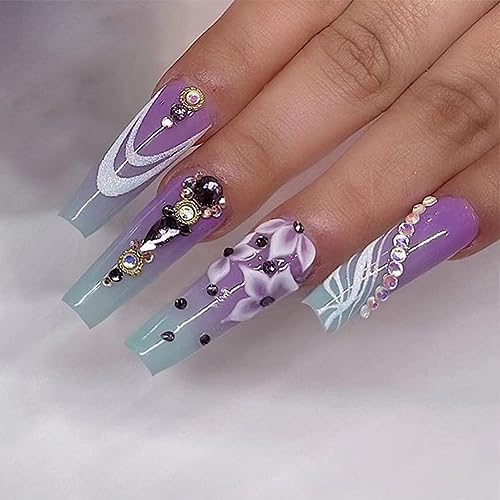 Coffin Press on Nails Long Fake Nails Ombre Purple False Nails with White Flower Printing&Rhinestone luxury Designs French Tip Nails Acrylic Artificial Nails Stick on Nails For Women Girls 24Pcs