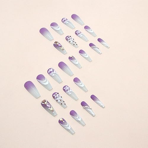 Coffin Press on Nails Long Fake Nails Ombre Purple False Nails with White Flower Printing&Rhinestone luxury Designs French Tip Nails Acrylic Artificial Nails Stick on Nails For Women Girls 24Pcs - Image 2