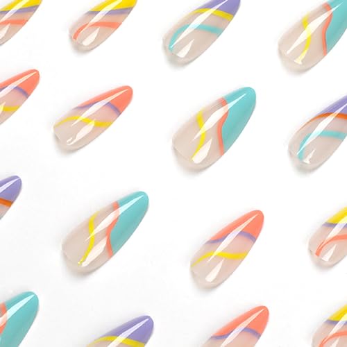 Colorful Tips Press on Nails Medium Almond Fake Nails with Designs French Swirl Dopamine Style Nude Full Cover Acrylic Artificial Spring Oval False Nails Summer Glue on Nails for Women and Girls 24Pcs - Image 3