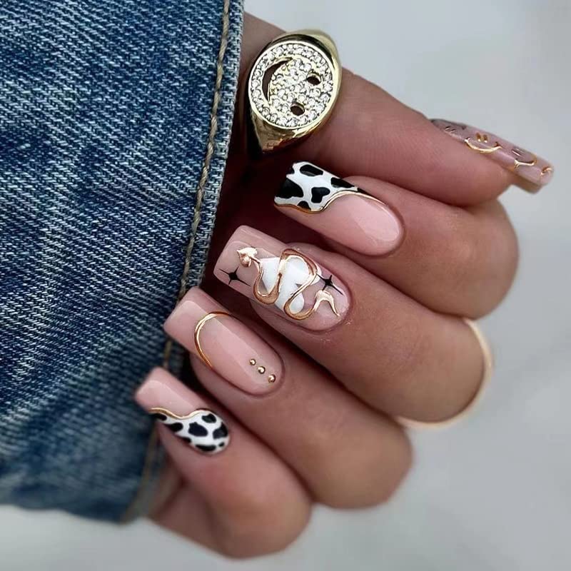 Cow Print Acrylic Nail Art Kit - 24 Piece Stylish False Nails Set