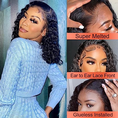 Curly Bob Wig Human Hair 12 Inch Glueless 13x4 Lace Front Wigs Pre Plucked for Black Women 150% Density Mongolian HD Kinky Curly Bob Lace Frontal Wigs Wet and Wave - Image 3