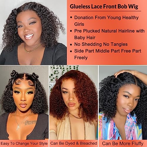 Curly Bob Wig Human Hair 12 Inch Glueless 13x4 Lace Front Wigs Pre Plucked for Black Women 150% Density Mongolian HD Kinky Curly Bob Lace Frontal Wigs Wet and Wave - Image 4