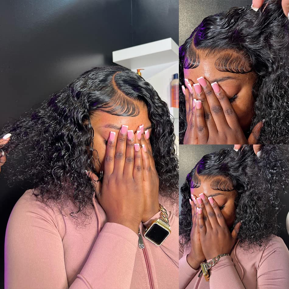 Curly Bob Wig Human Hair 12 Inch Glueless 13x4 Lace Front Wigs Pre Plucked for Black Women 150% Density Mongolian HD Kinky Curly Bob Lace Frontal Wigs Wet and Wave - Image 2
