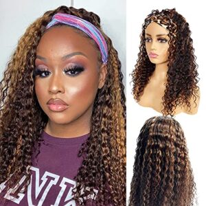 22 Inch Balayage Brown Blonde Curly Virgin Human Hair Headband Wig 150% Density