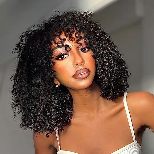 Curly Wig With Bangs Human Hair 10A Brazilian Virgin Glueless None Lace Front Wig Kinky Curly Human Hair Curly Wave Human Hair wigs for black women Natural Color (12 Inch)