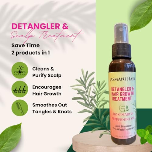 Detangler Spray & Hair Growth Oil - 2 in 1 -Pre-Shampoo Treatment - Peppermint & Rosemary for Dry Scalp, Matted, Knots, Breakage, Split Ends, 4C, Curly, Kids & Adults - Smooths & Nourishes 4 fl oz - Image 3