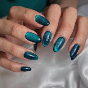 Emerald Green Cat Eye Press on Nails Short Oval Acrylic False Nails Gorgeous Glitter Glossy Full Cover Stick on Nails Galaxy Artificial Fake Nails 12 Sizes - 24 Nails Kit