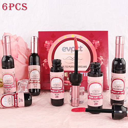 evpct Wine Lip Tint Stain 6 Colors Set Long Lasting Waterproof, Warm pink neutral Nude brown Deep cranberry Mauve pink Berry pink Wine Bottles Lip Tint Stain Korean Peel off Liquid Lipstick Set 05 - Image 7