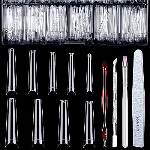 Extra Long Clear Acrylic Coffin Nail Tips 550 Pieces, 9 Sizes, Half Cover