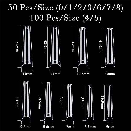 Extra Long Clear Acrylic Coffin Nail Tips 550 Pieces, 9 Sizes, Half Cover - Image 3