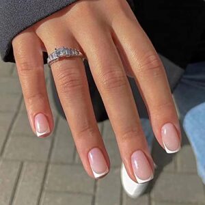 Extra Short Press on Nails French Tip Fake Nails Square Design Full Cover Glue on Nails Stick on Nails Nude Pink Acrylic False Nails for Women Girls 24Pcs