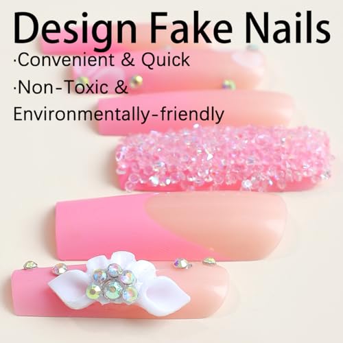 Flower Press on Nails Long Coffin Fake Nails with Designs White and Pink Stick on Nails French Tip Nails Press on Acrylic Nails Glossy Rhinestones Full Cover Artificial False Nails for Women and Girls - Image 4