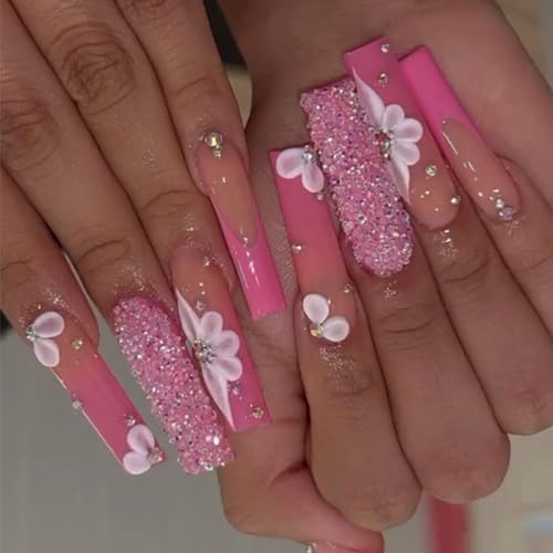 Flower Press on Nails Long Coffin Fake Nails with Designs White and Pink Stick on Nails French Tip Nails Press on Acrylic Nails Glossy Rhinestones Full Cover Artificial False Nails for Women and Girls - Image 7