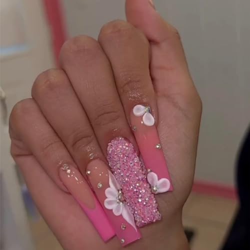 Flower Press on Nails Long Coffin Fake Nails with Designs White and Pink Stick on Nails French Tip Nails Press on Acrylic Nails Glossy Rhinestones Full Cover Artificial False Nails for Women and Girls - Image 5