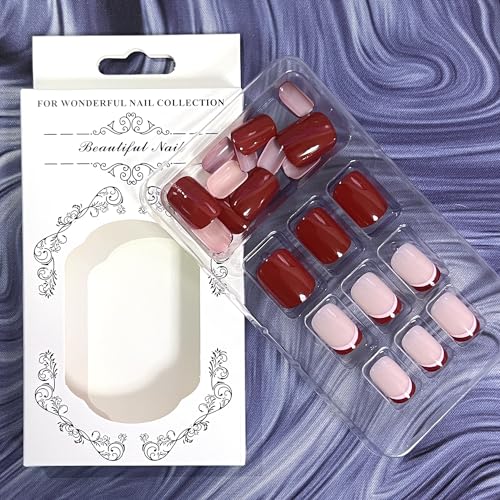 French Tip Press on Nails Christmas Fake Nails Short Square Glue on Nails Red False Nail Tips Full Cover Red Stick on Nails Glossy Xmas Acrylic Nails for Women Girls Christmas Nail Art Decoration - Image 4